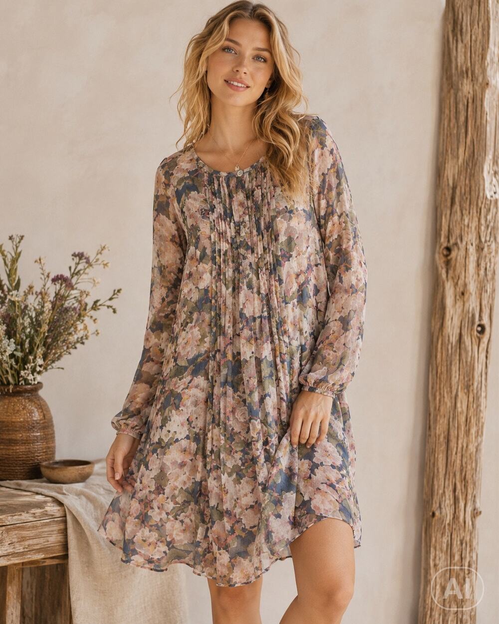 Sundance 100% Silk Floral Pintuck Tunic Dress Women’s Sm Boho Romantic Cottage